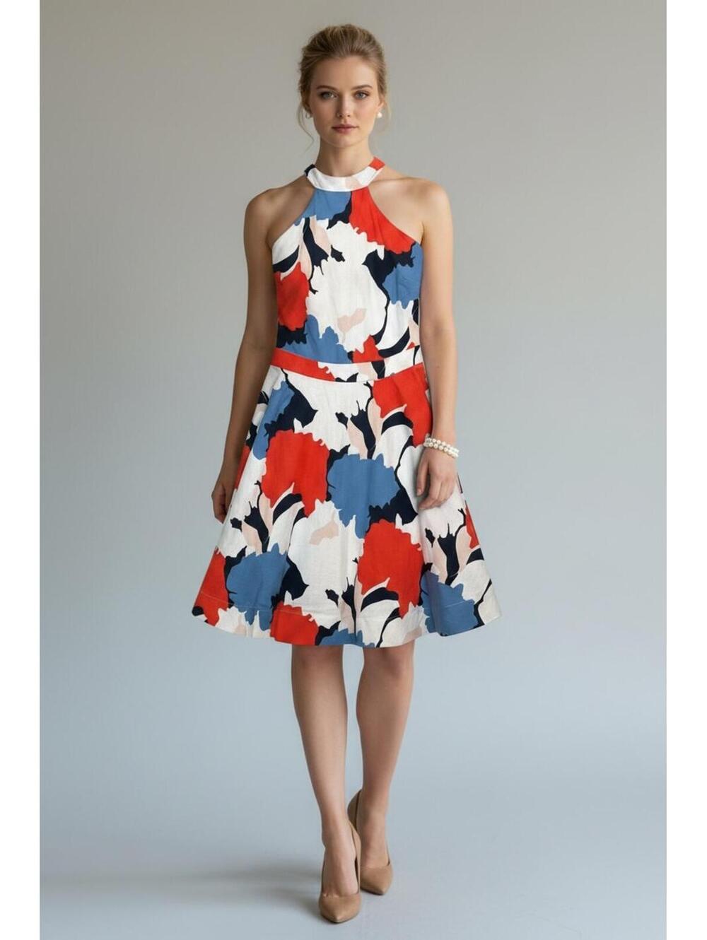 NWT Luxxel Abstract Bold Floral Print Halter A-Line Summer Dress, Size Small